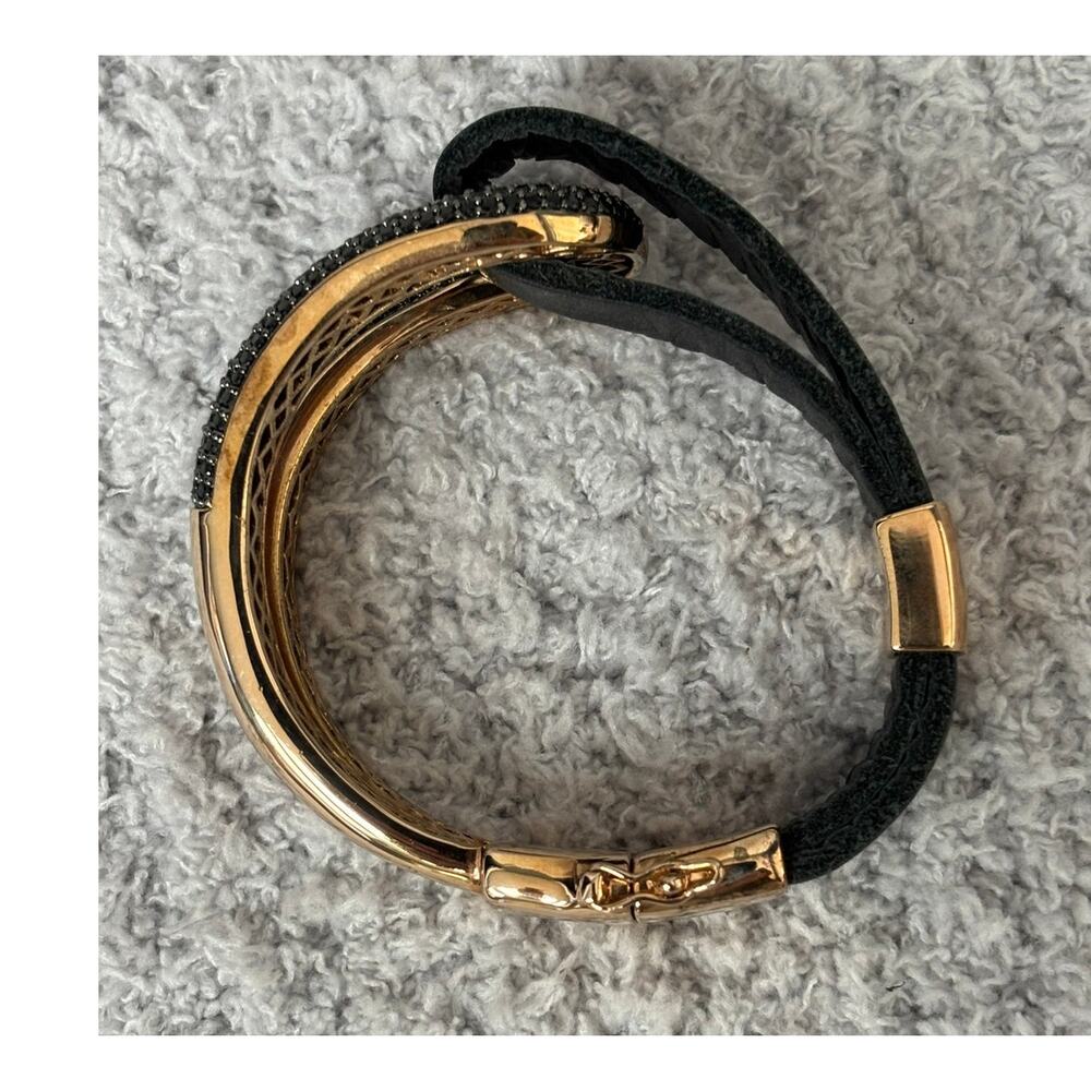 Milor Rose Gold Tone Bronze Black Leather Crystal Bracelet 8" #70240 - Picture 4 of 6